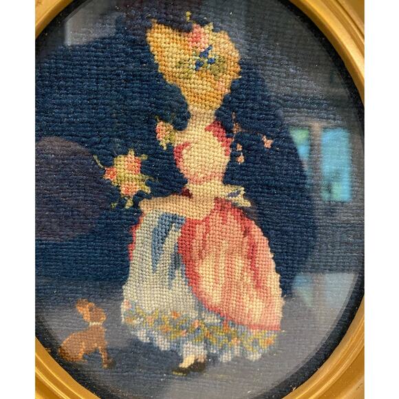 Vintage Pair Needlepoint Framed Couple Courting, VTG Stitching, Victorian Scene - Picture 6 of 9